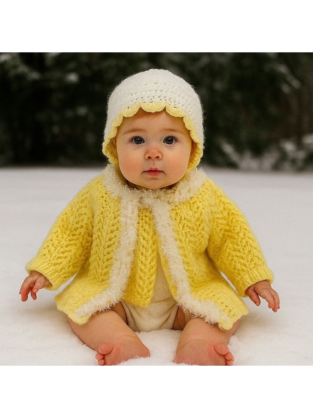 Hand Crafted Cardigan Crochet knit Set Yellow & white mesh lace knitting stitch